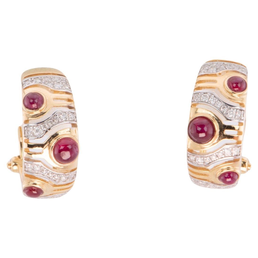 18K Gold Ruby and Diamond Designer Earrings with Omega Clip Backing R3207 For Sale