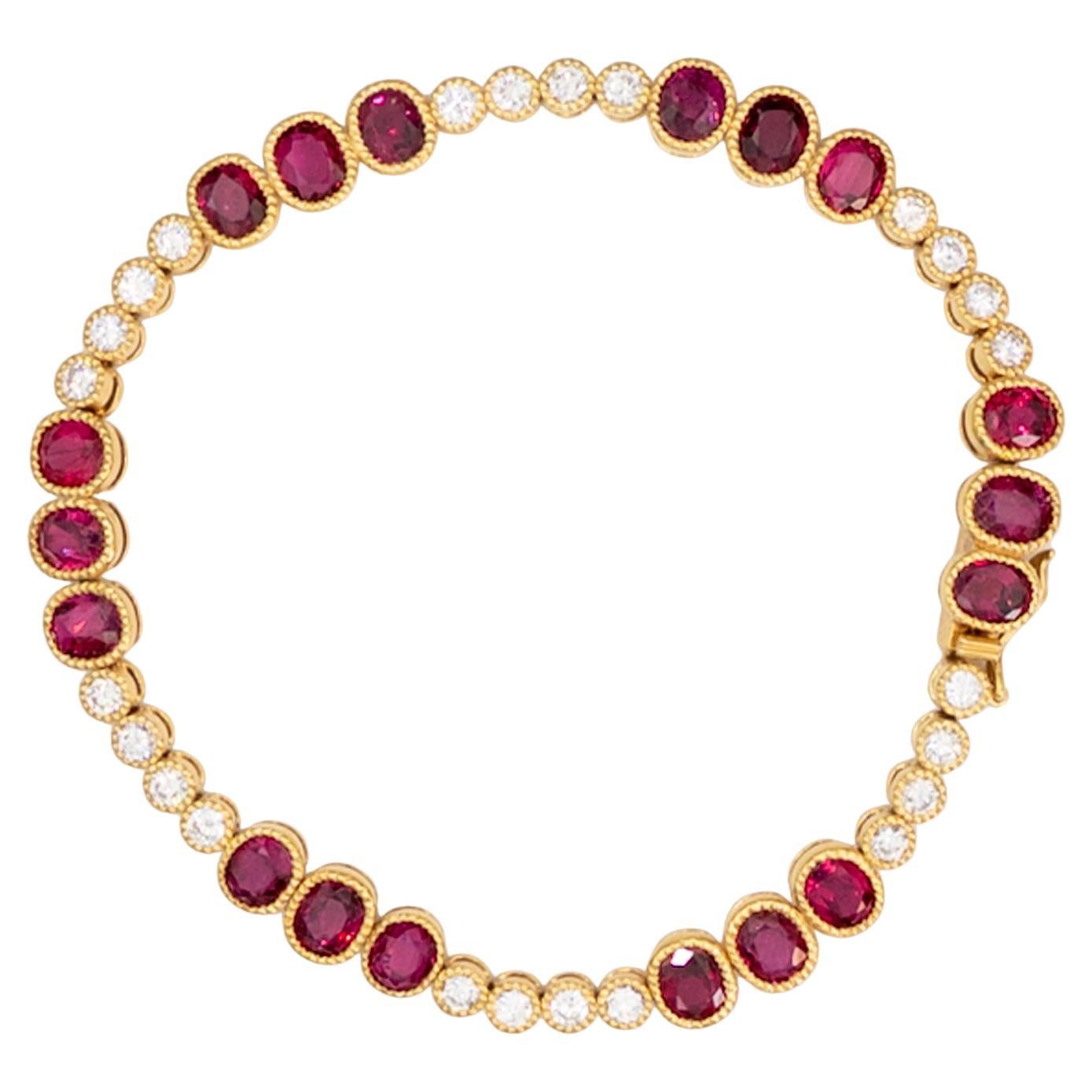 18K Gold Ruby and Diamond Link Bracelet For Sale