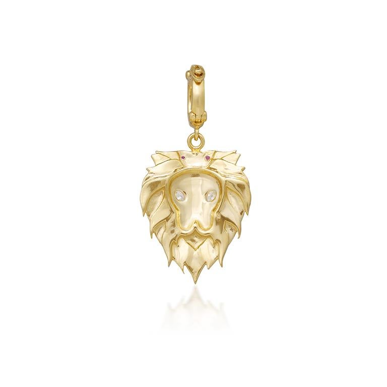 Lion horoscope pendant crafted in 18k gold, white enamel, rubies and white diamonds. The diamond encrusted bezel opens to allow you to securely hook it to any chains. Pairs perfectly with one of our diamond hook chains.

- 18K YELLOW, ROSE & WHITE