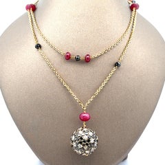 18k Gold Ruby Black & White Diamond 41" Beveled Cable Link Ball Dangle Pendant