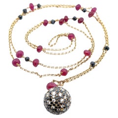 18k Gold Ruby Black & White Diamond 41" Beveled Cable Link Ball Dangle Pendant