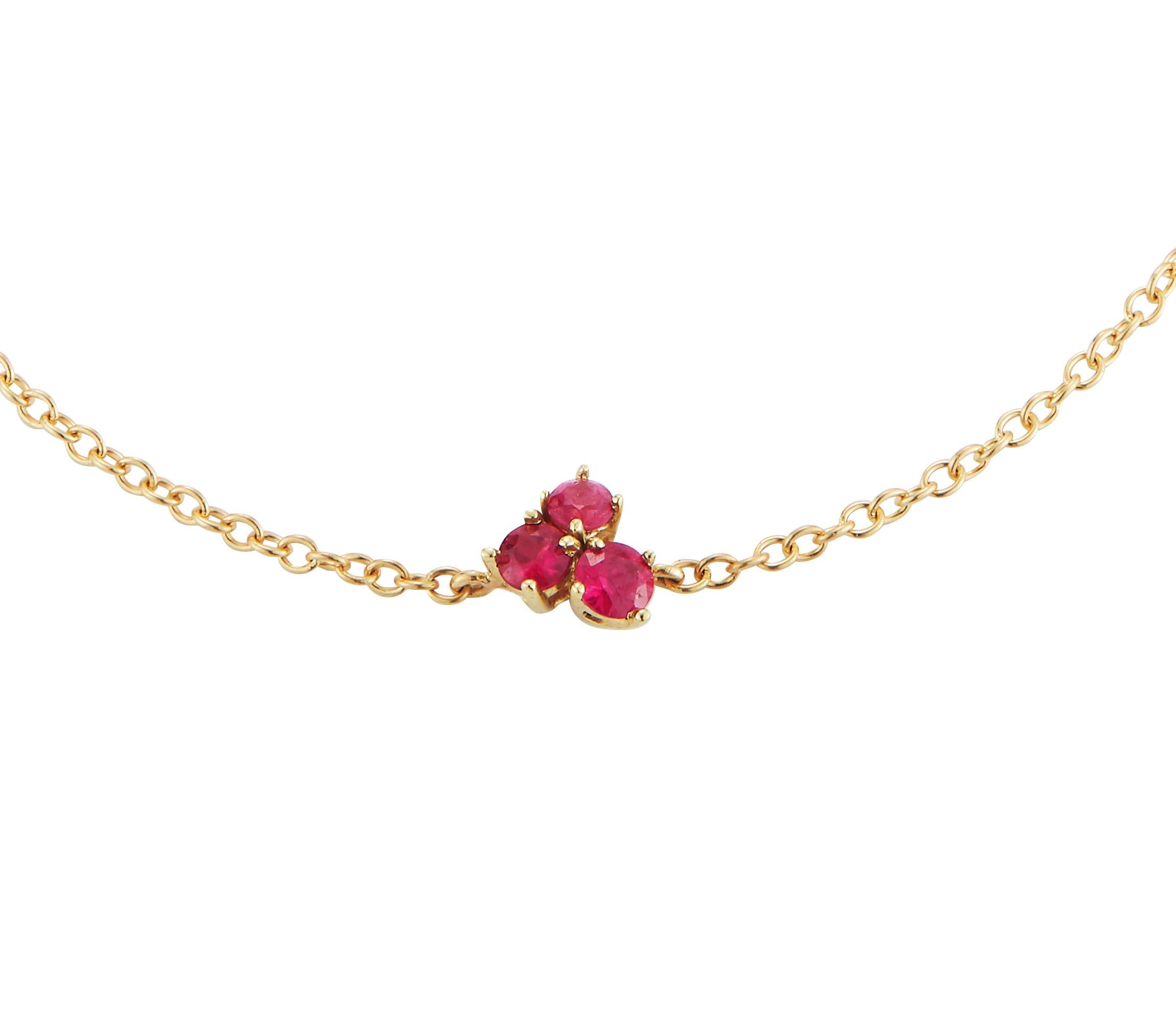 A playful but still classic version of a solitaire bracelet with beautiful rubies.

18k gold 
0.14cts total 
6 mm across, at the widest point
complimentary domestic ground shipping 

NB: All of our jewelry is lovingly hand made in NYC. If we do not