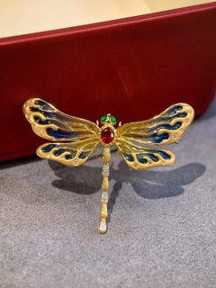 18K Gold Ruby & Diamond Enameled Dragonfly Pendant / Brooch