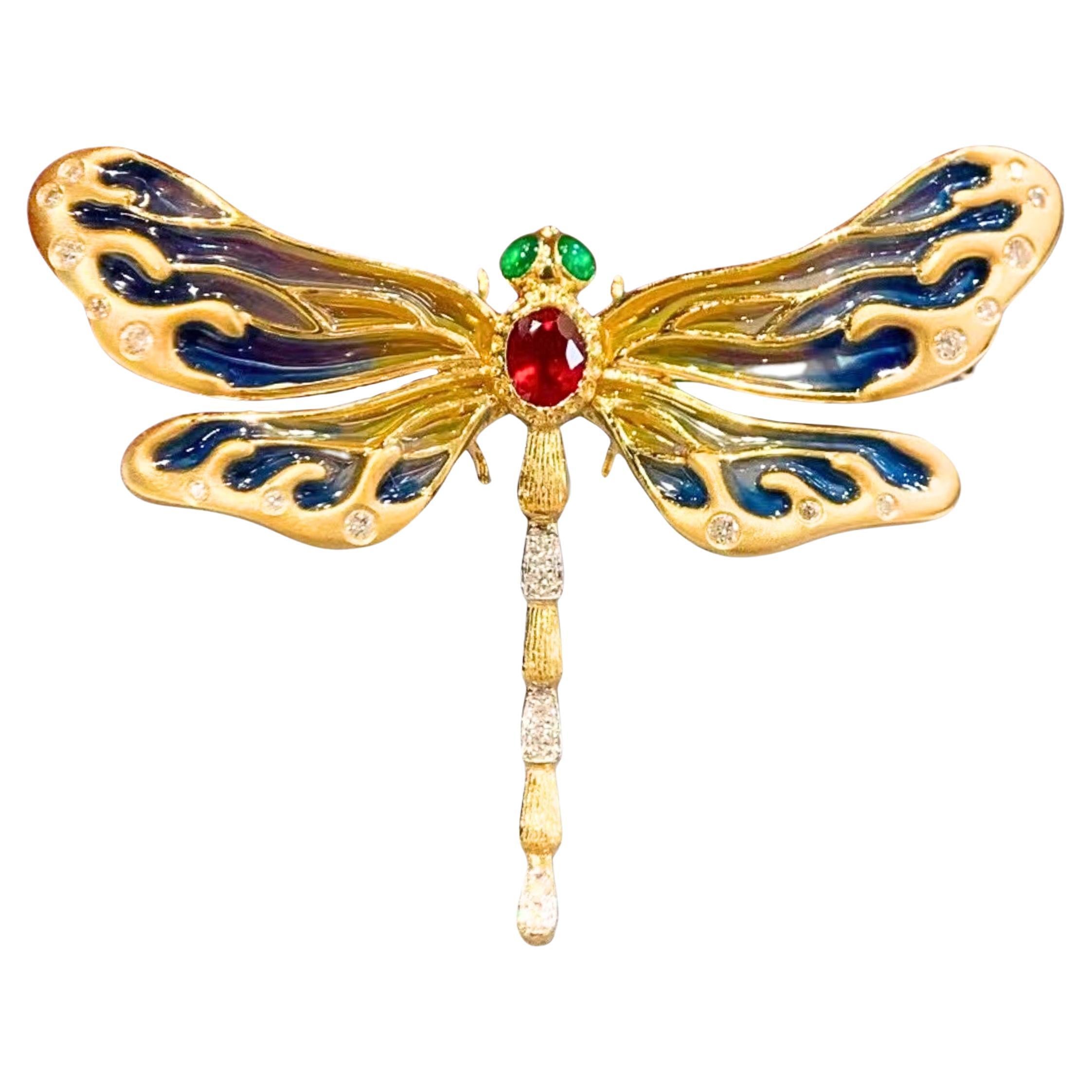 18K Gold Ruby & Diamond Enameled Dragonfly Pendant / Brooch