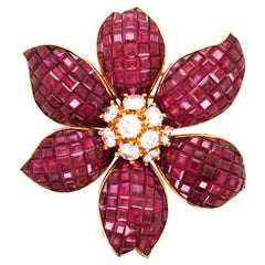 18K Gold Ruby Diamond Flower Brooch