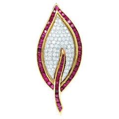 18K Gold Ruby Diamond Leaf Brooch