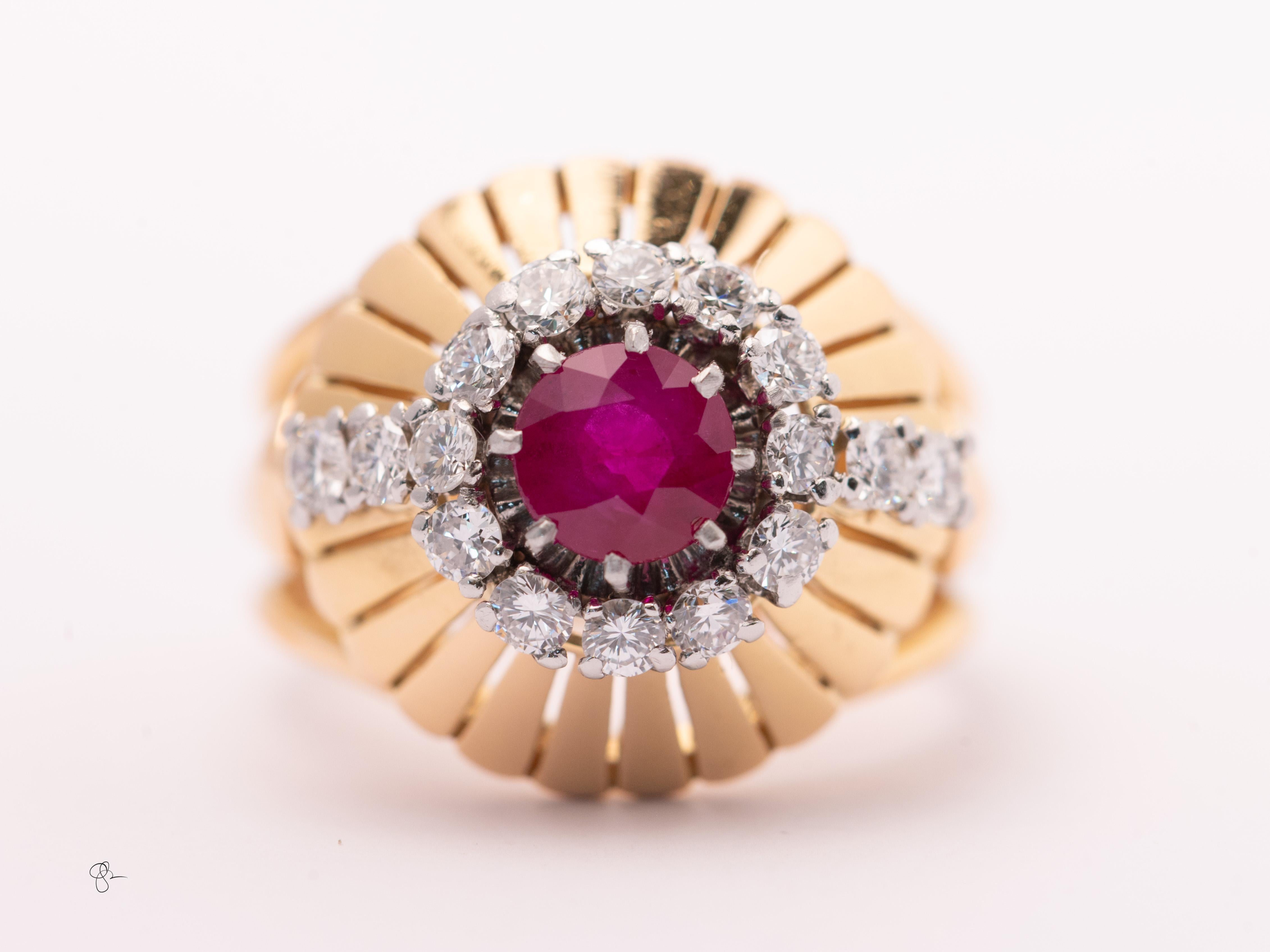 18k Gold Rubin Diamant Ring 1ct Vintage Halo Cocktail 11.2g Größe 7 3/4 im Angebot 3