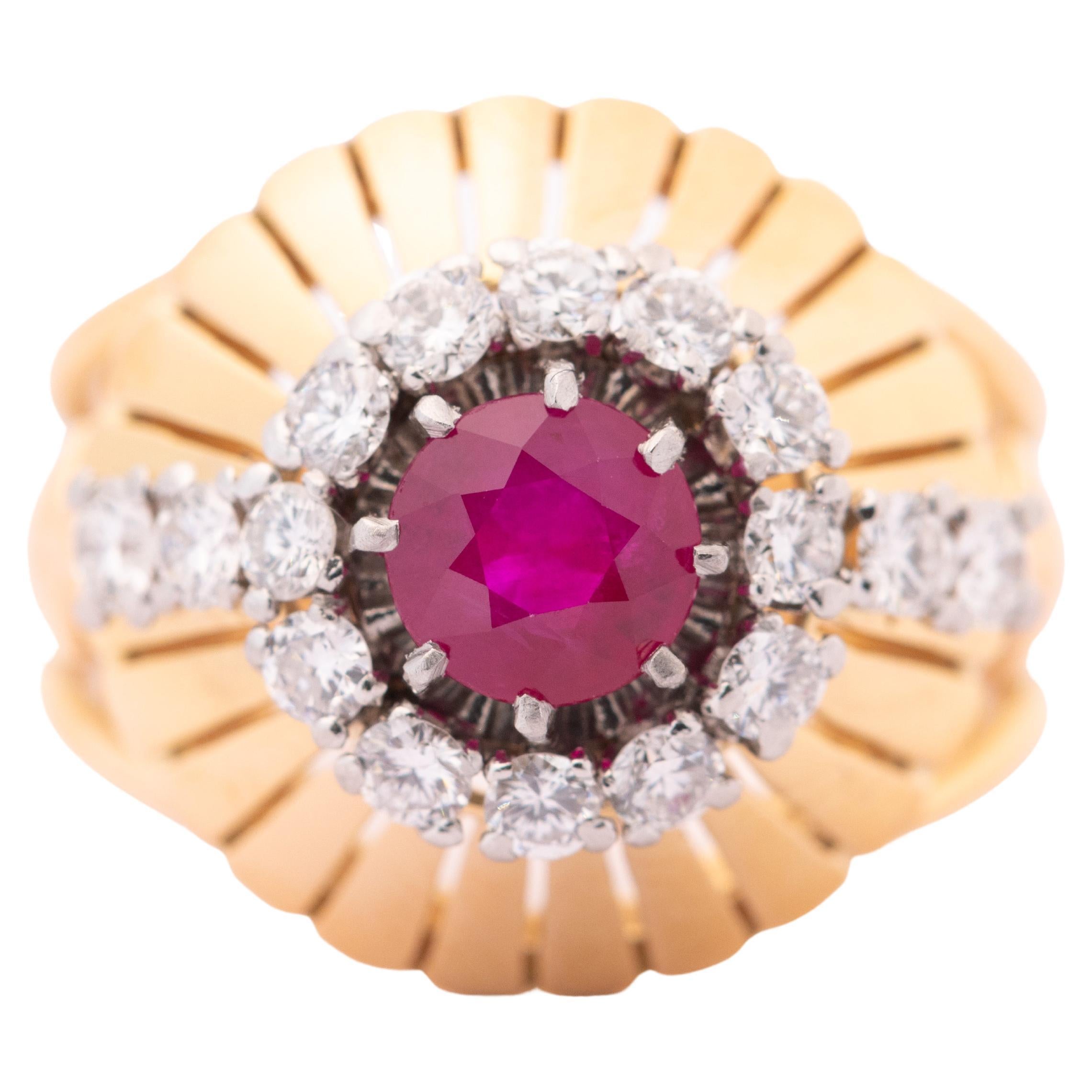 Anello in oro 18k con rubino e diamanti 1ct Vintage Halo Cocktail 11.2g Misura 7 3/4
