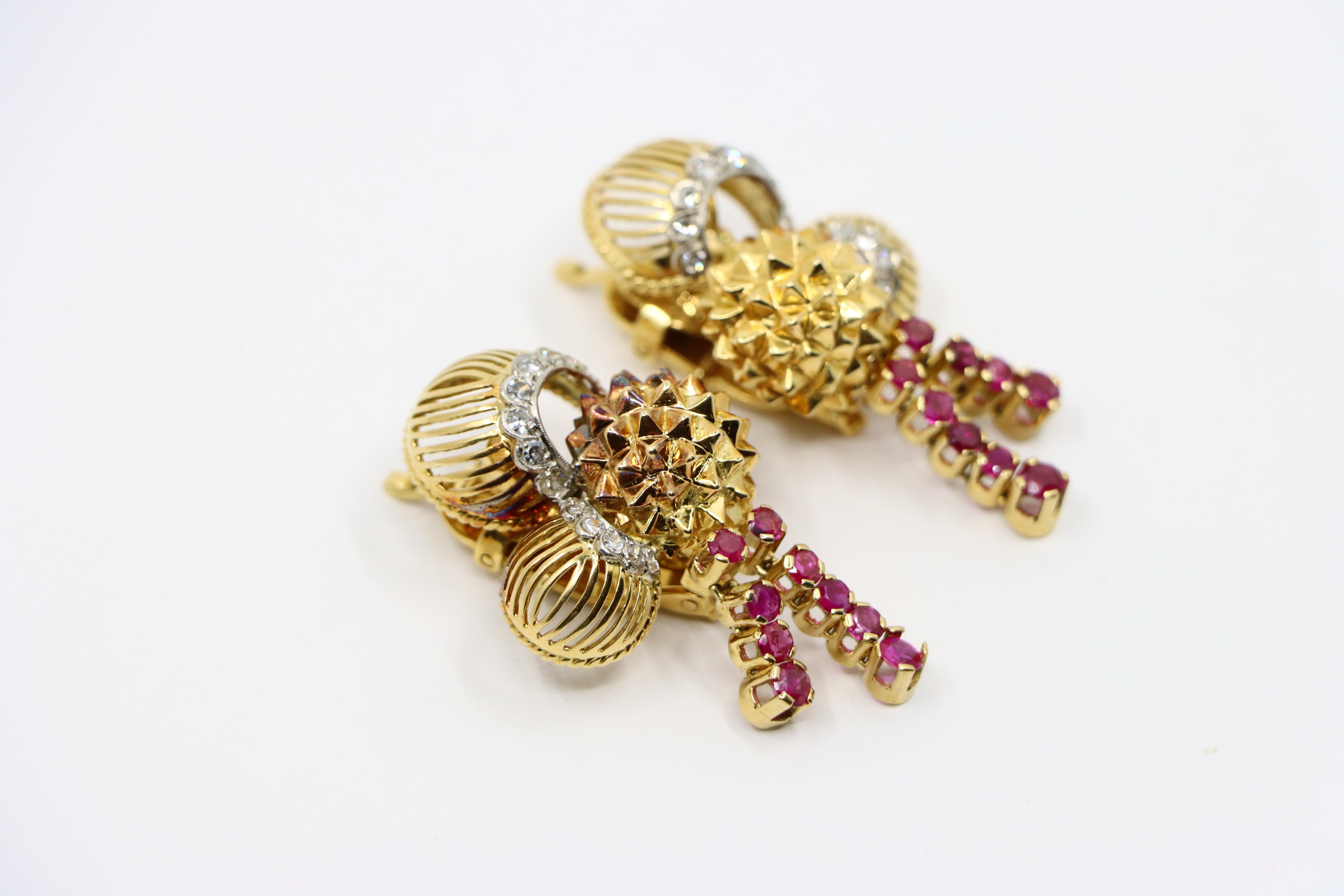 Pendientes Diamantes Rubí Oro 18K Corte redondo en venta