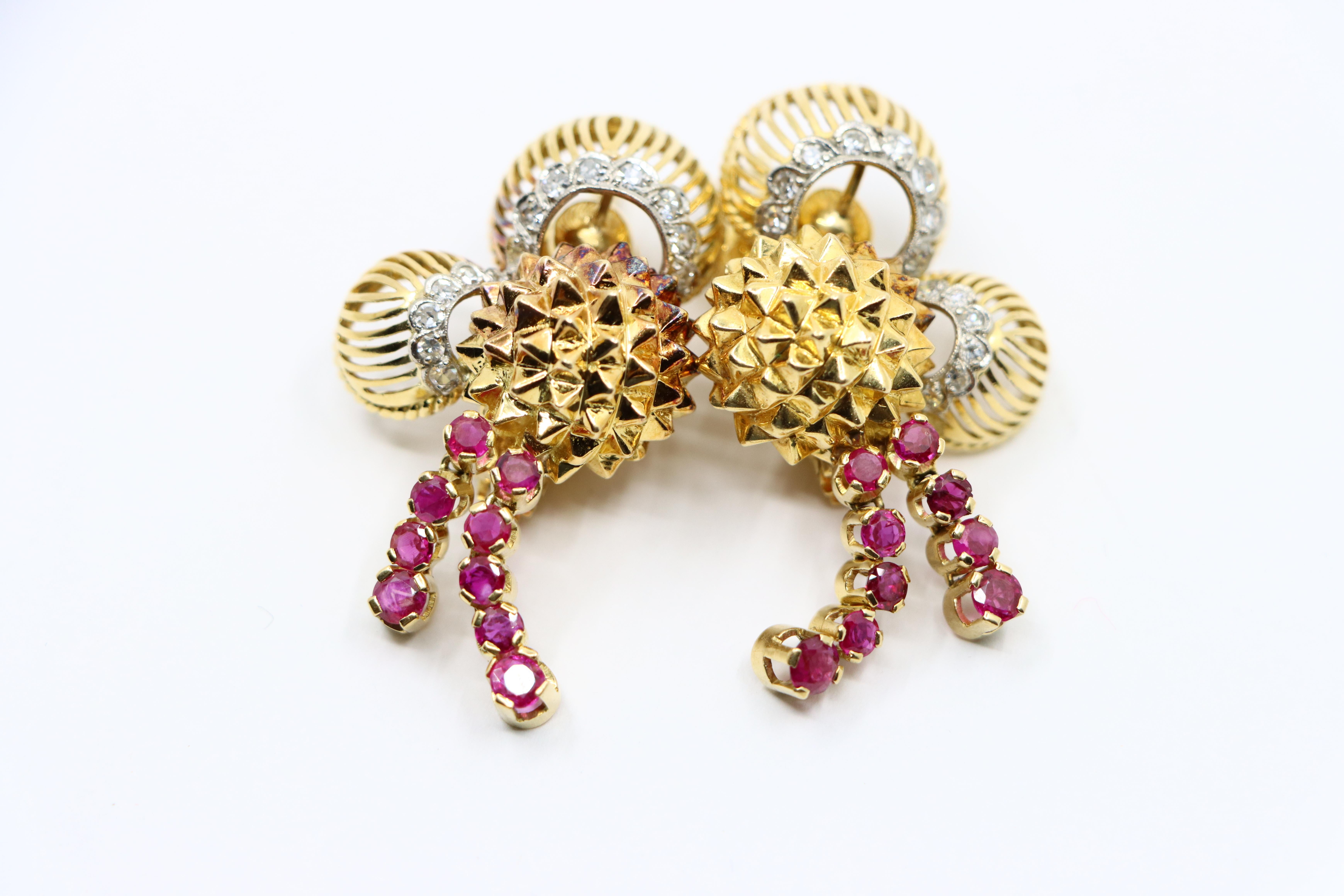 Pendientes Diamantes Rubí Oro 18K en venta 3