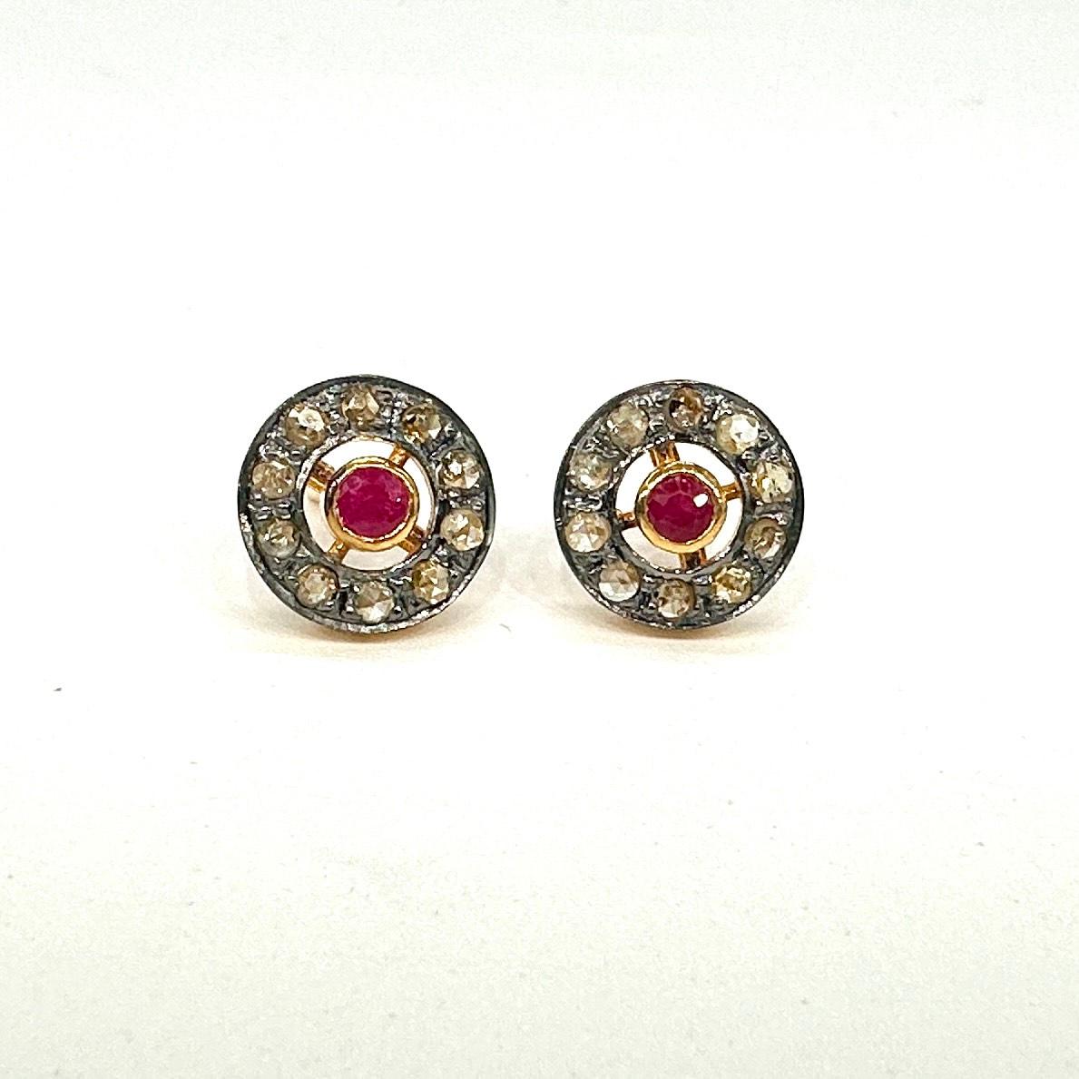 Artisan Natural burma Ruby with champagne rose cut Diamond Sterling silver Stud Earrings For Sale