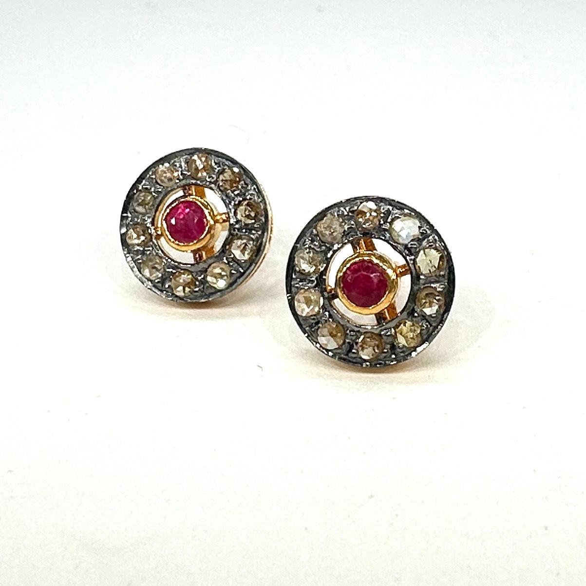 Rose Cut Natural burma Ruby with champagne rose cut Diamond Sterling silver Stud Earrings For Sale
