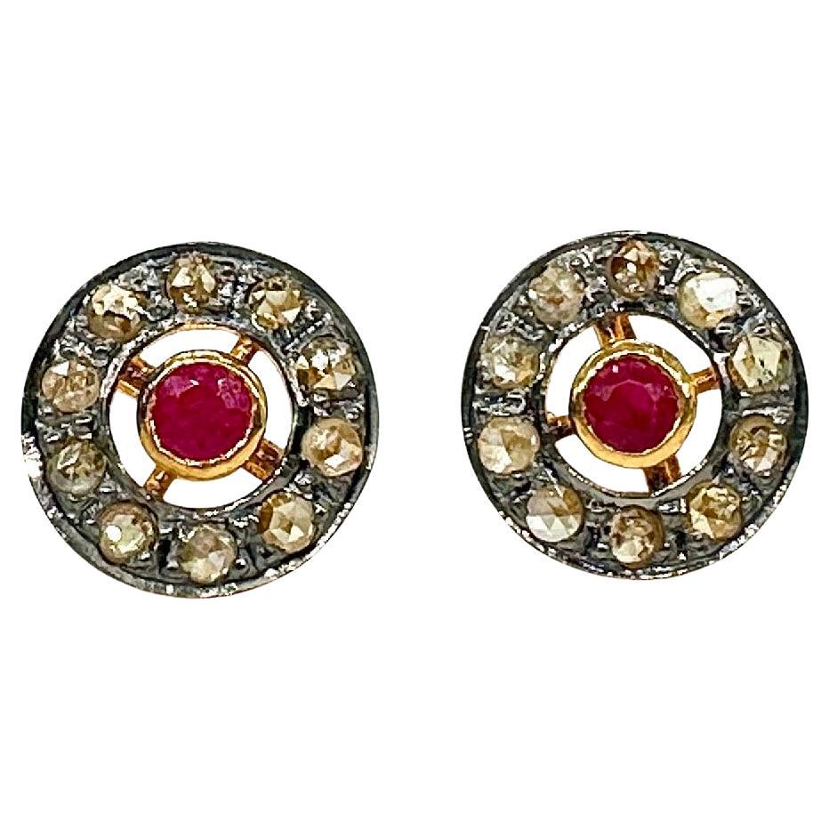 Natural burma Ruby with champagne rose cut Diamond Sterling silver Stud Earrings For Sale