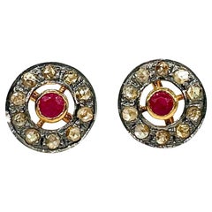 Rubí de Birmania natural con diamante talla rosa champán Pendientes de plata de ley
