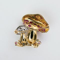 18K gold ruby, emerald, sapphire and diamond mushroom brooch.