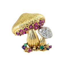 18K gold ruby, emerald, sapphire and diamond mushroom brooch.