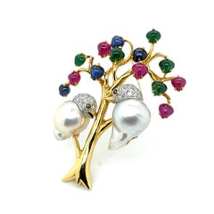 18k Gold Ruby Emerald Sapphire and Diamond Pearl Bird Pin