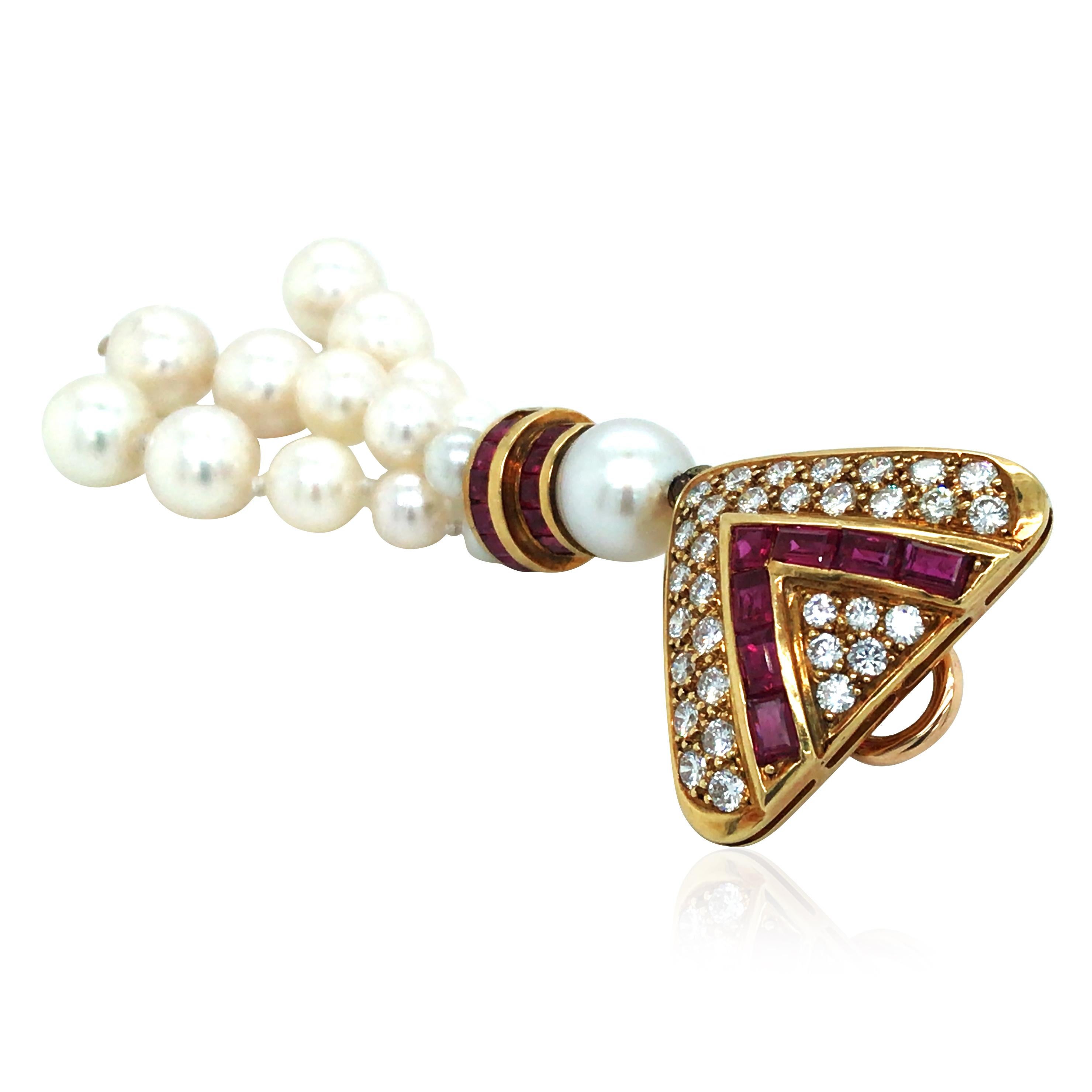 Mixed Cut 18K Gold Ruby Pearl Diamond Earrings For Sale