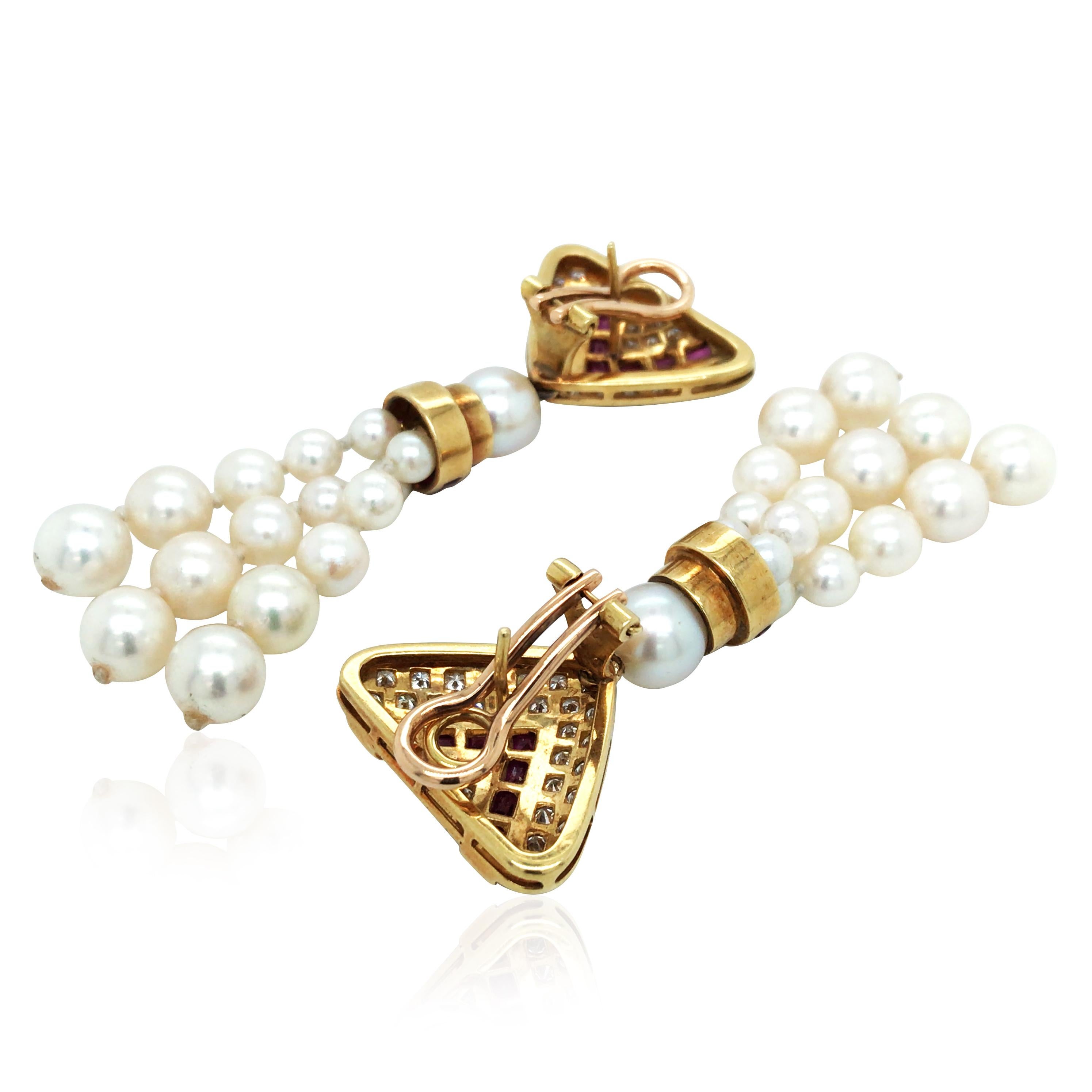18K Gold Ruby Pearl Diamond Earrings In Good Condition For Sale In New York, NY