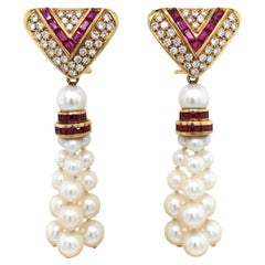 18K Gold Ruby Pearl Diamond Earrings