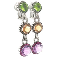 18k Gold Ruby Sapphire Amethyst Citrine Peridot & Diamond Dangle Earrings