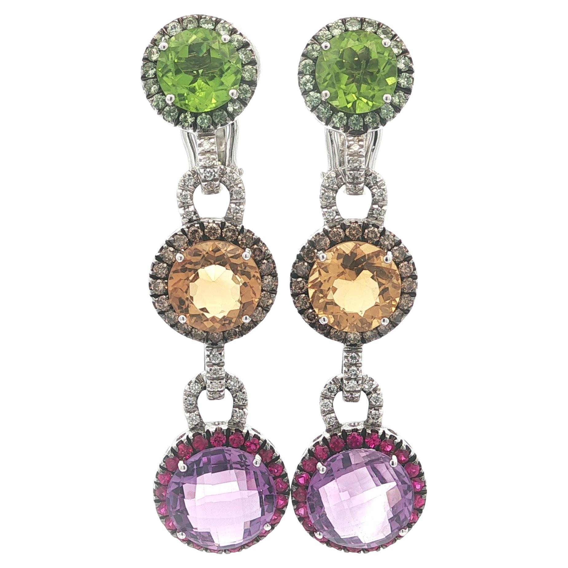 18k Gold Ruby Sapphire Amethyst Citrine Peridot & Diamond Dangle Earrings For Sale