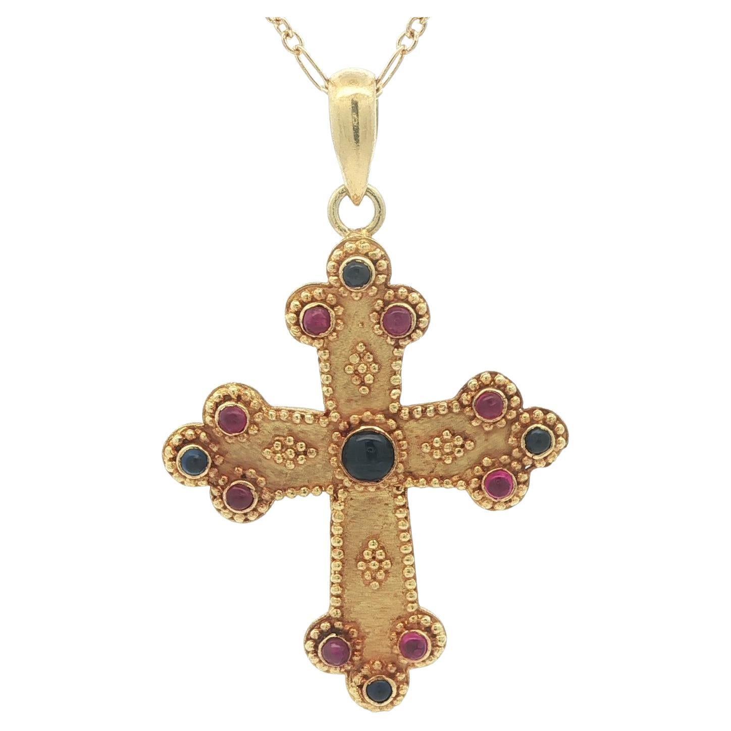18k Gold Ruby
Sapphire Bead Work Orthodox Cross Pendant Fancy Chain Necklace