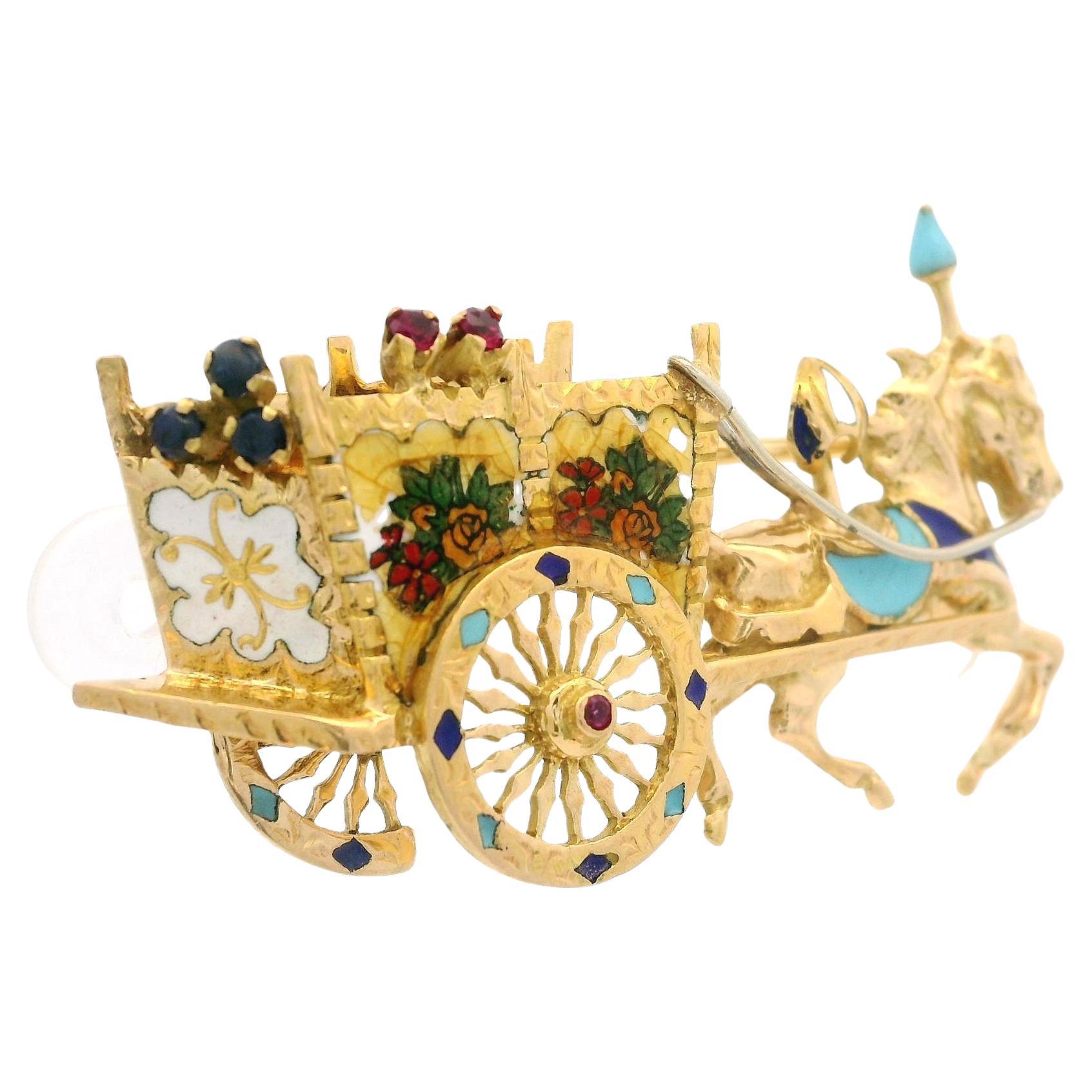18k Gold Ruby Sapphire & Enamel Work Floral Chariot Carriage Horse Pin Brooch