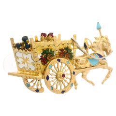18k Gold Ruby Sapphire & Enamel Work Floral Chariot Carriage Horse Pin Brooch