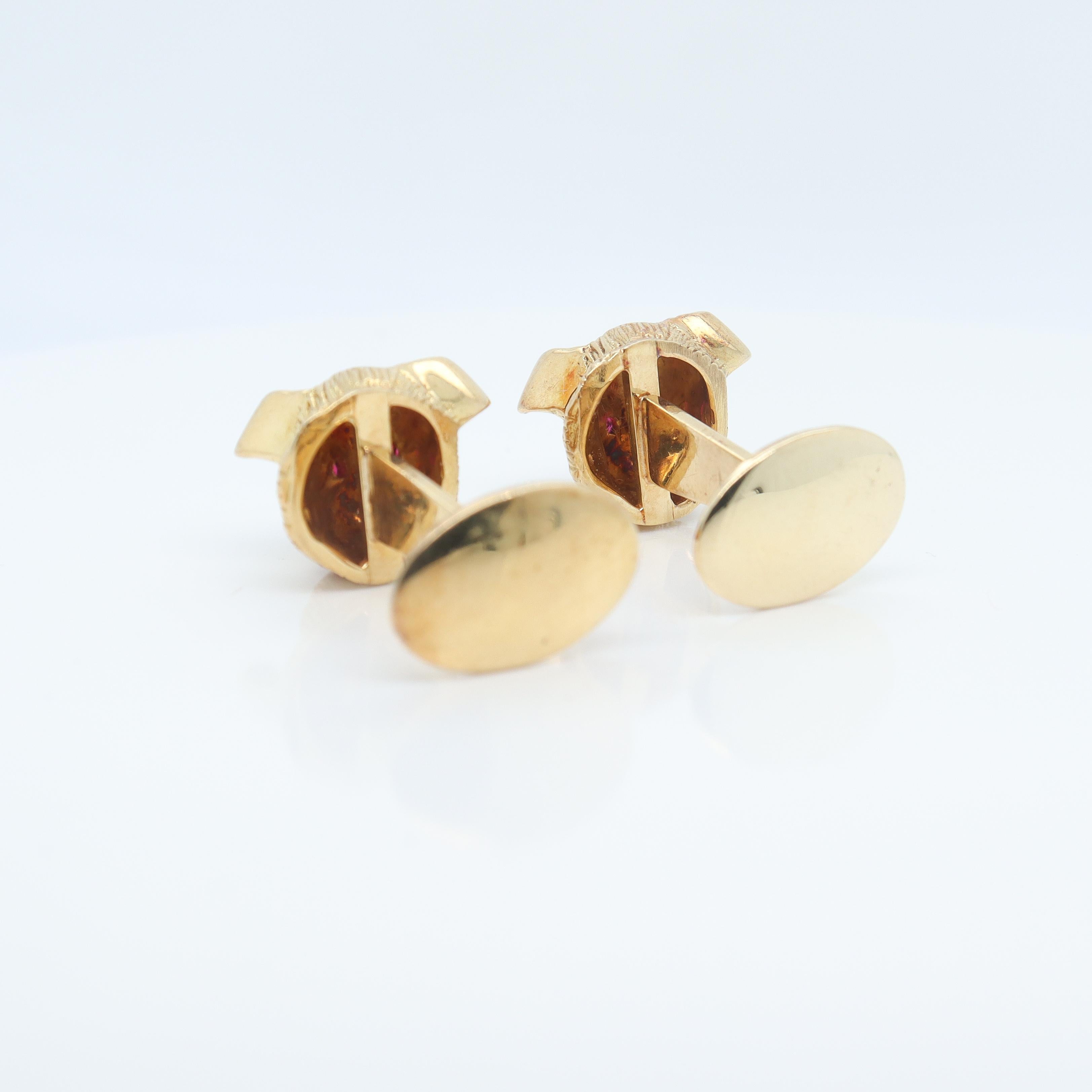 Round Cut 18k Gold & Ruby Signed Craiger Drake Figural Pig Cufflinks