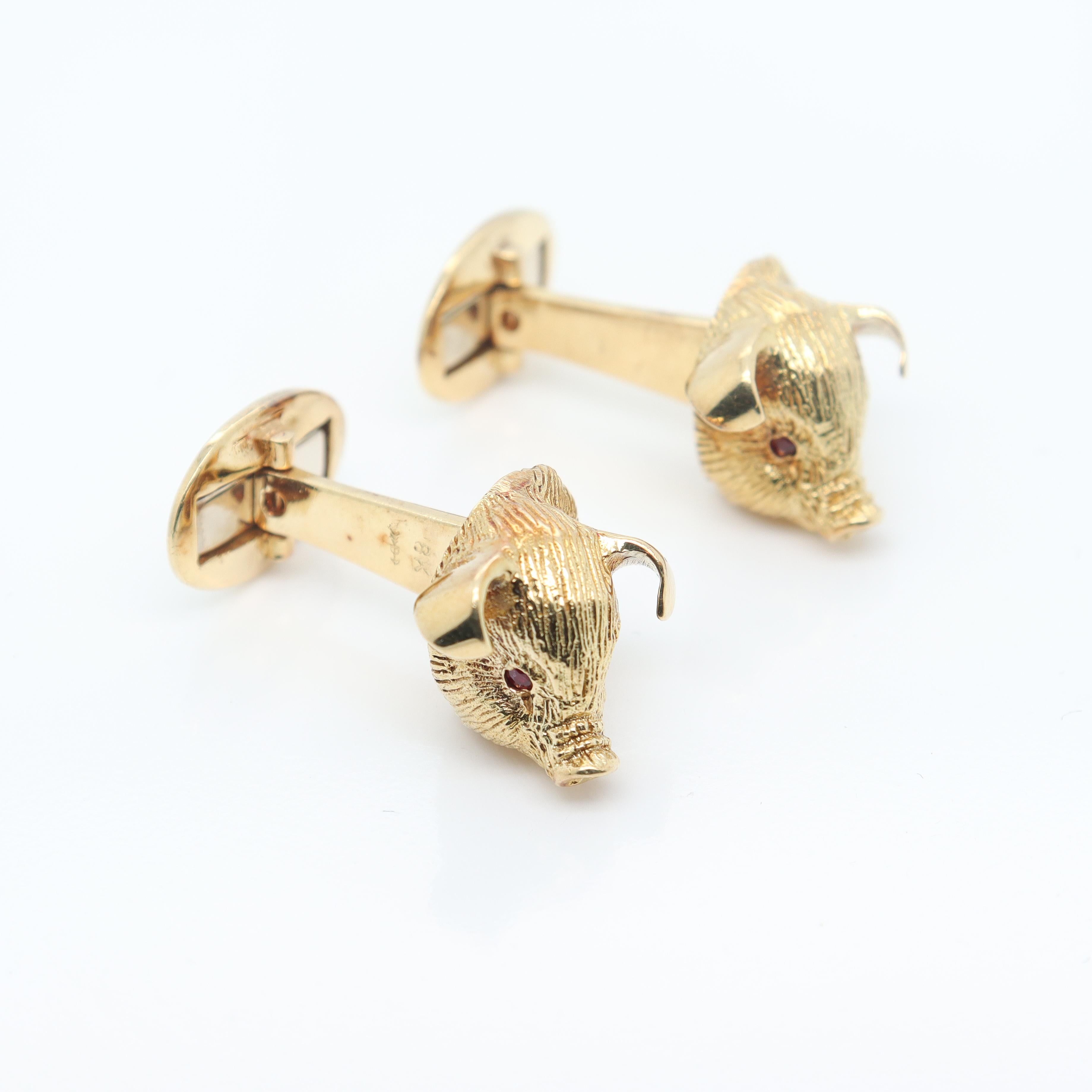 Men's 18k Gold & Ruby Signed Craiger Drake Figural Pig Cufflinks