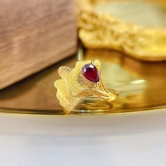 18K Gold Ruby Teardrop Ring with Natural Diamonds