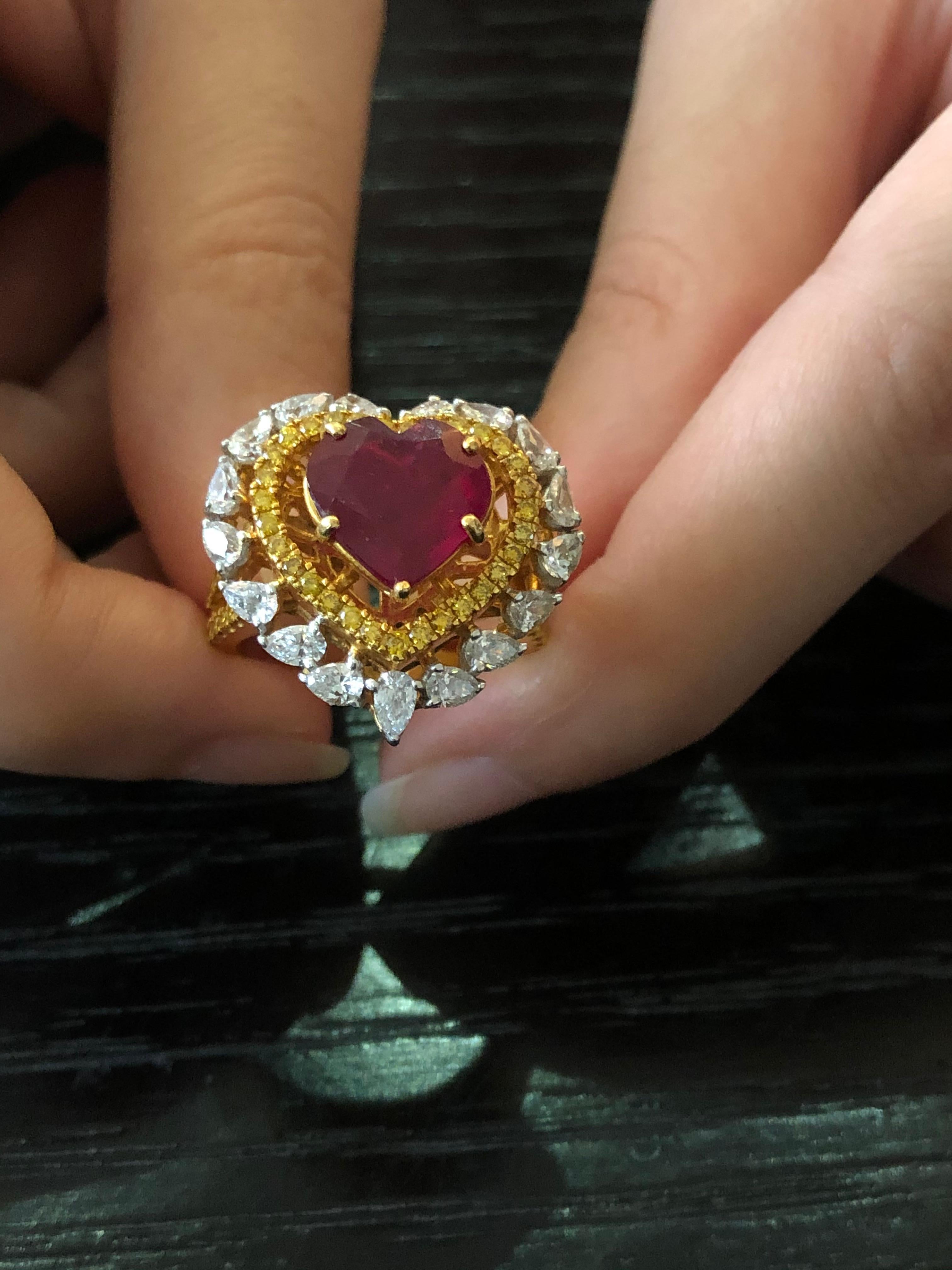 Modern 18 Karat Gold Ruby Yellow Diamond White Diamond Cocktail Ring