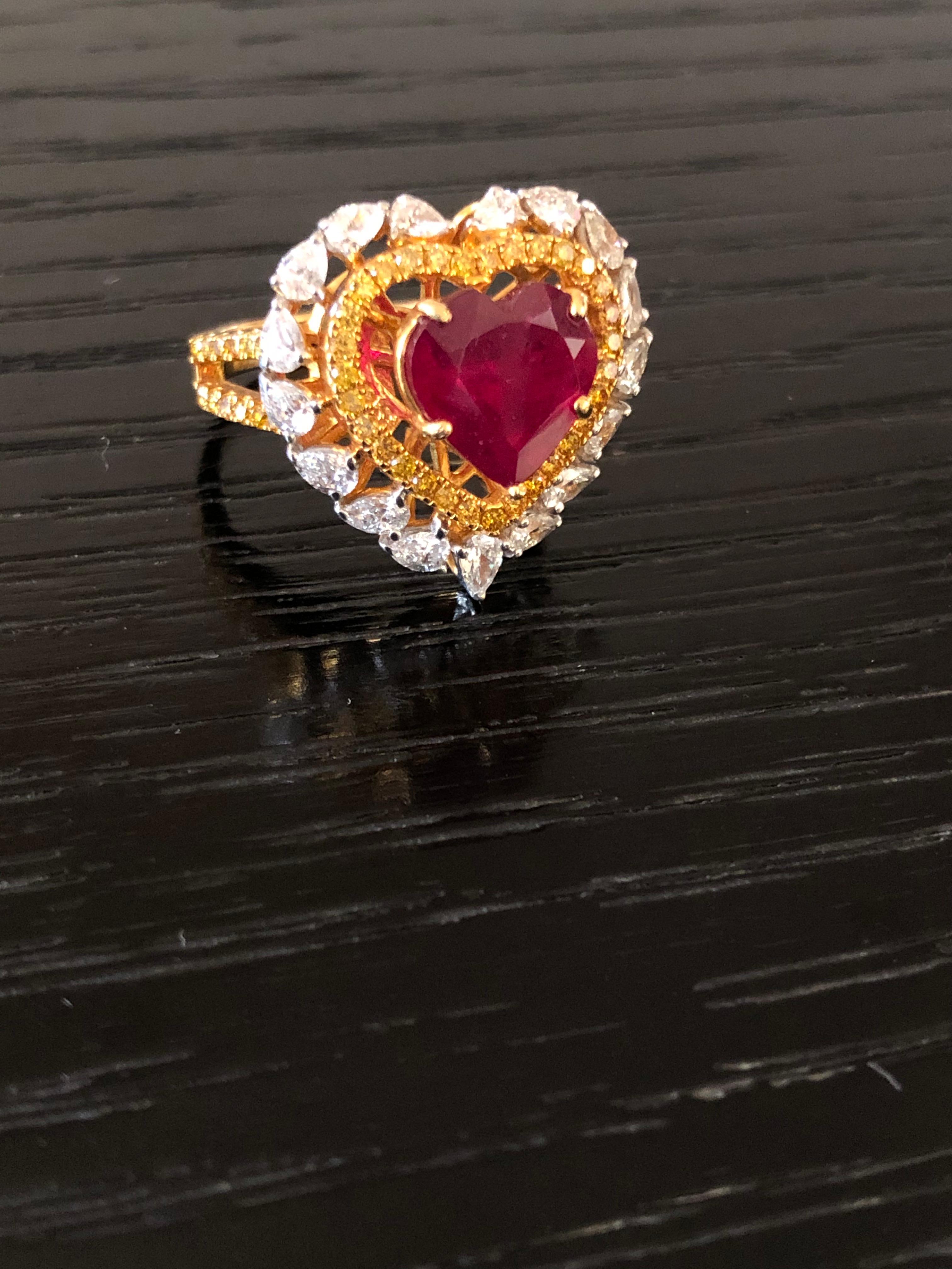 Heart Cut 18 Karat Gold Ruby Yellow Diamond White Diamond Cocktail Ring