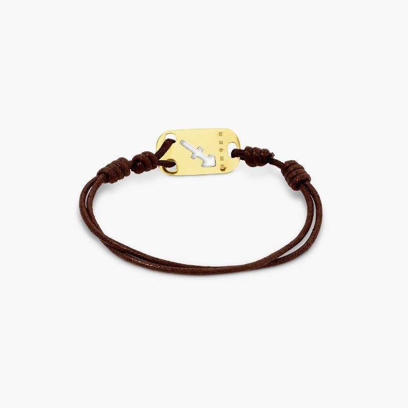 18K Gold Sagittarius Bracelet with Brown Cord

The Sagittarius star sign stands out in rose gold against effortless black cord for a bracelet that makes the perfect, personal birthday gift, or treat for yourself.

Additional Information
Material: