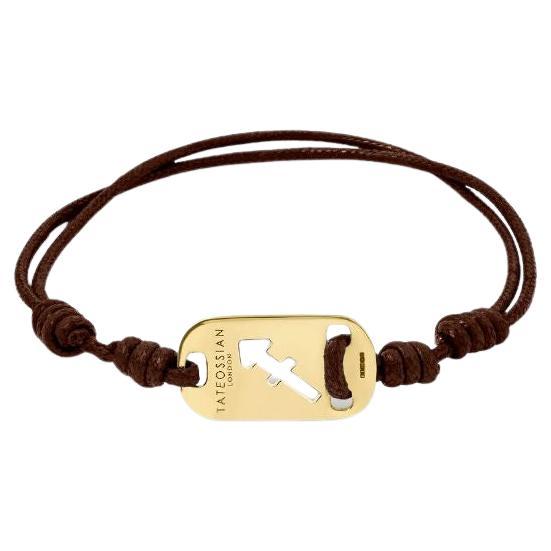 18K Gold Sagittarius Bracelet with Brown Cord For Sale