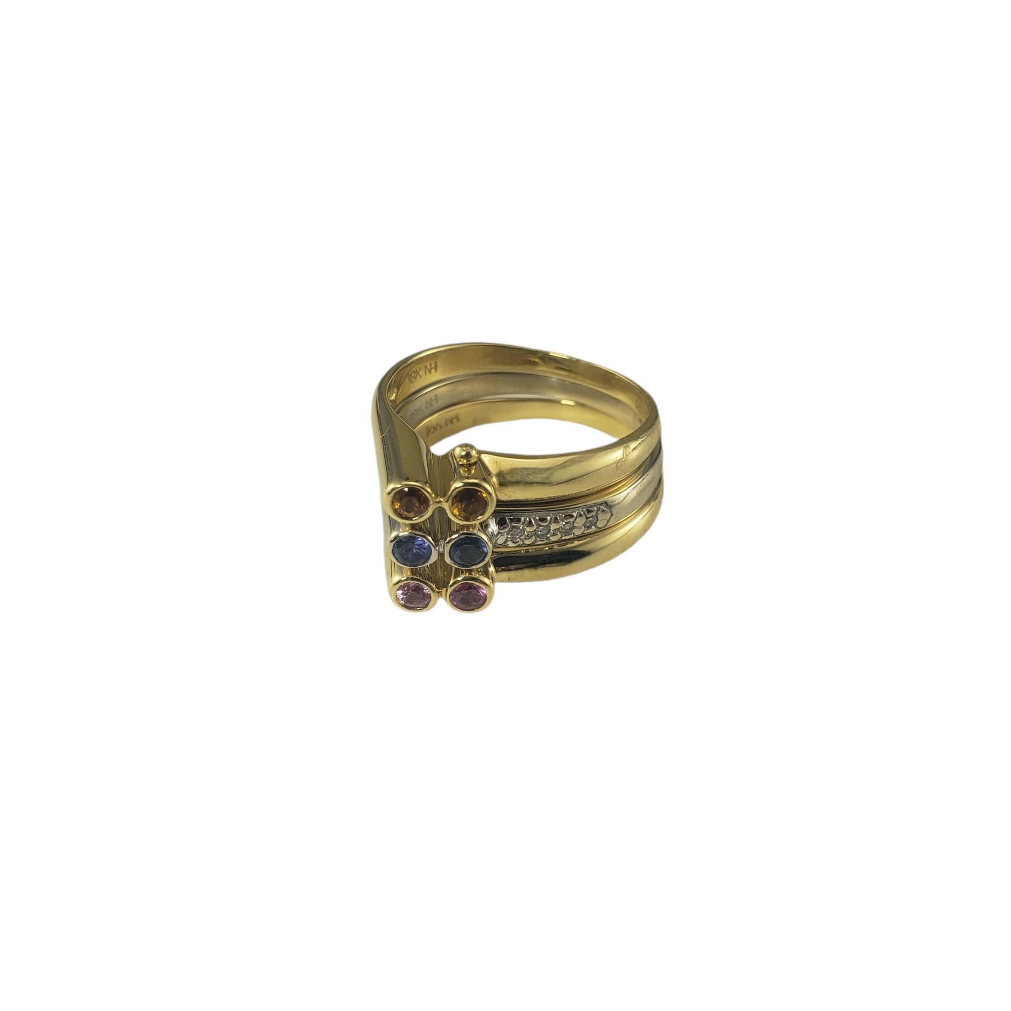 18 Karat Yellow and White Gold Sapphire and Diamond Stacking Ring Set Size 7 JAGi Certified-

This trendy stacking set features three fixed bands ( 2 yellow gold, 1 white) decorated with six natural sapphires (pink, yellow, blue) and four round