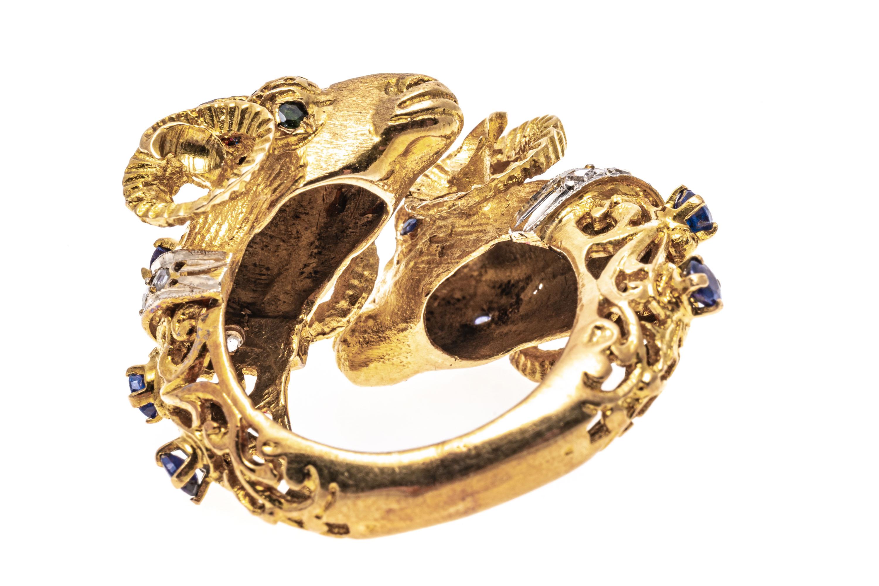 18k Gold Sapphire and Macle Diamond Opposing Bighorn Sheep Ring For Sale 1