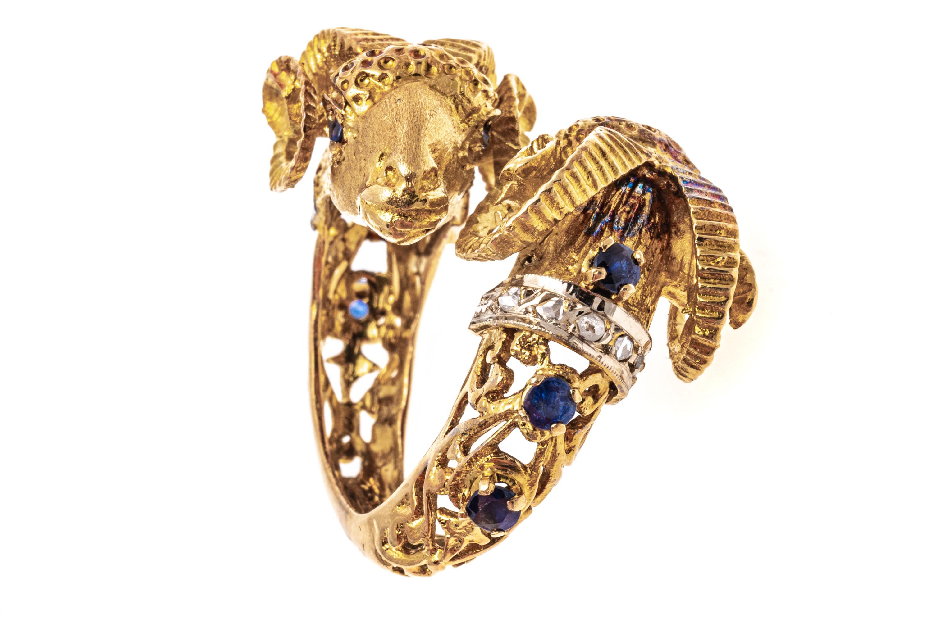 18k Gold Sapphire and Macle Diamond Opposing Bighorn Sheep Ring For Sale 2