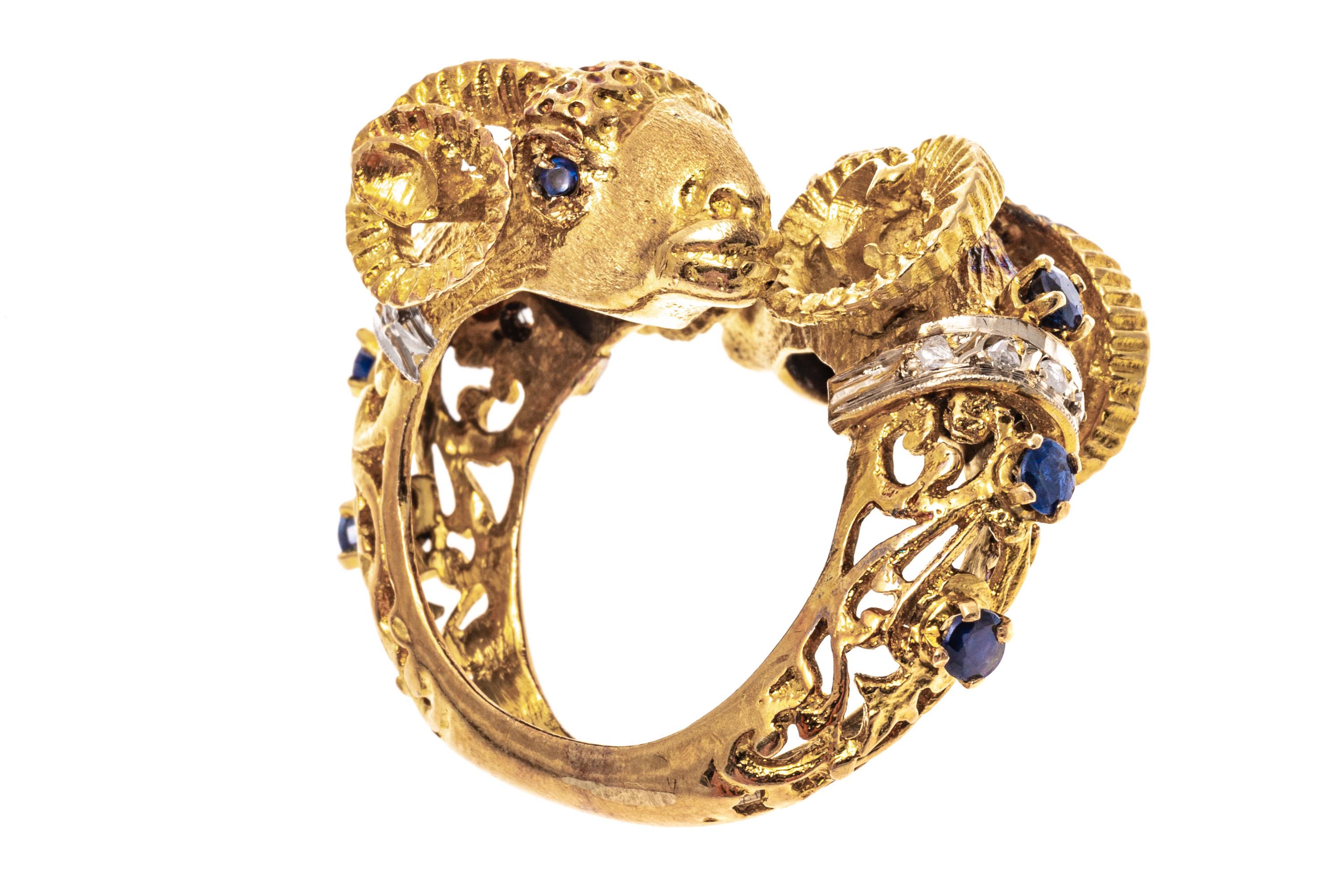 18k Gold Sapphire and Macle Diamond Opposing Bighorn Sheep Ring For Sale 3