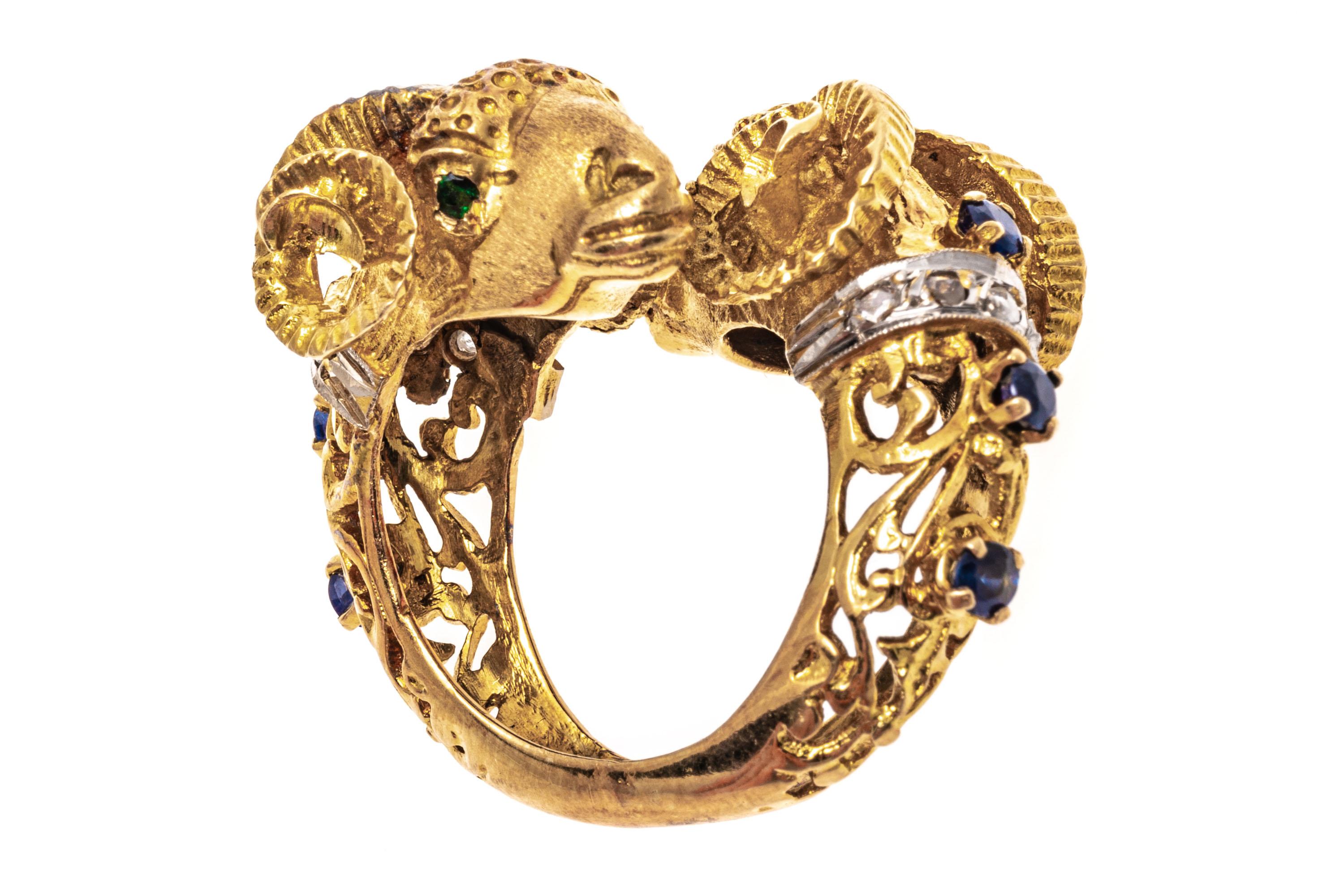 18k Gold Sapphire and Macle Diamond Opposing Bighorn Sheep Ring For Sale 5