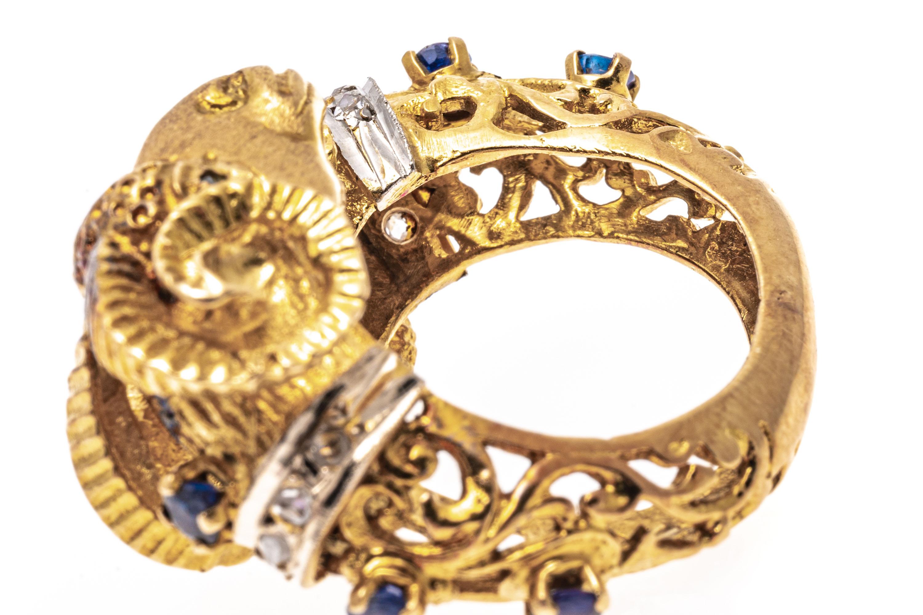 Retro 18k Gold Sapphire and Macle Diamond Opposing Bighorn Sheep Ring For Sale