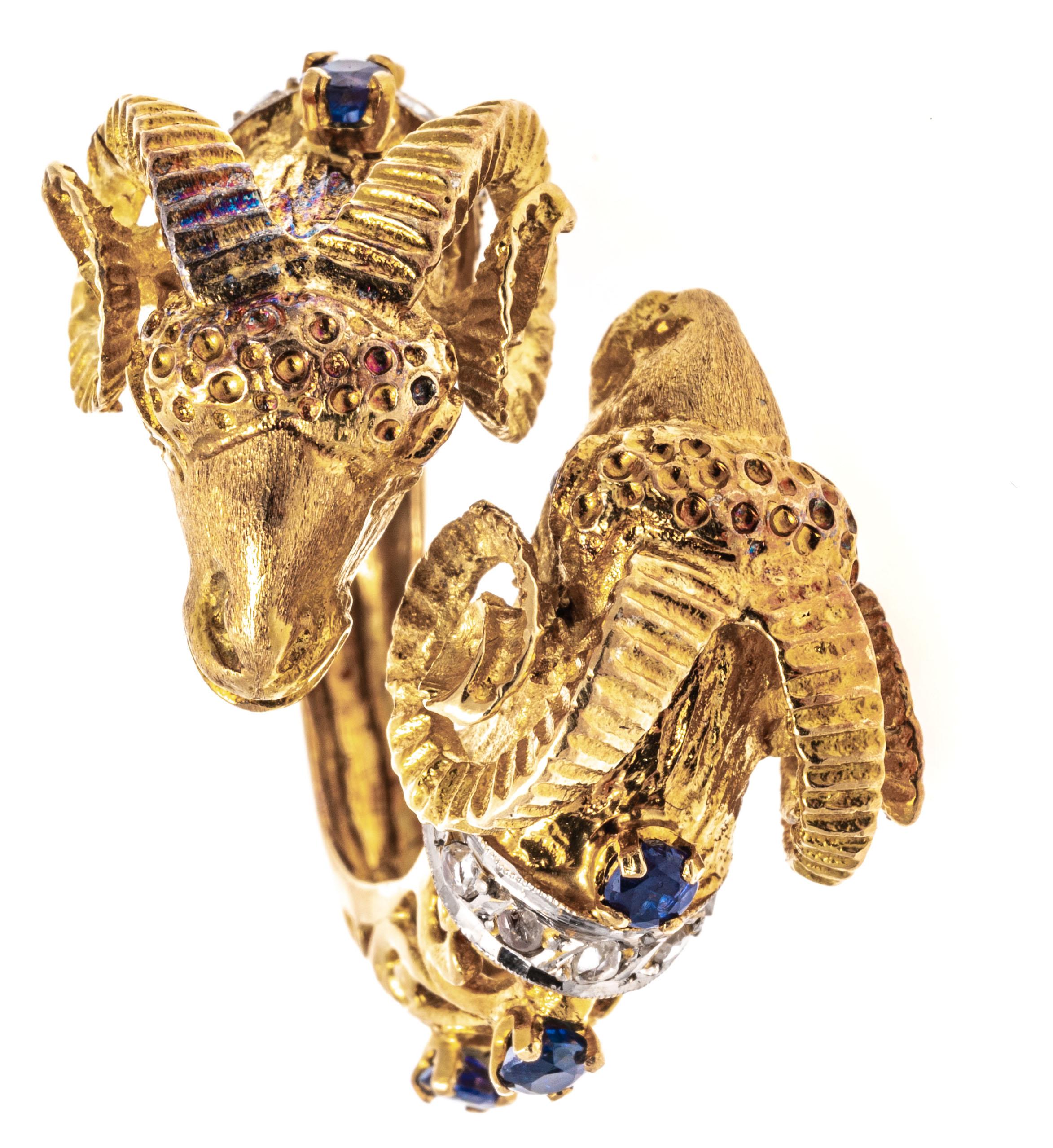 Women's 18k Gold Sapphire and Macle Diamond Opposing Bighorn Sheep Ring For Sale