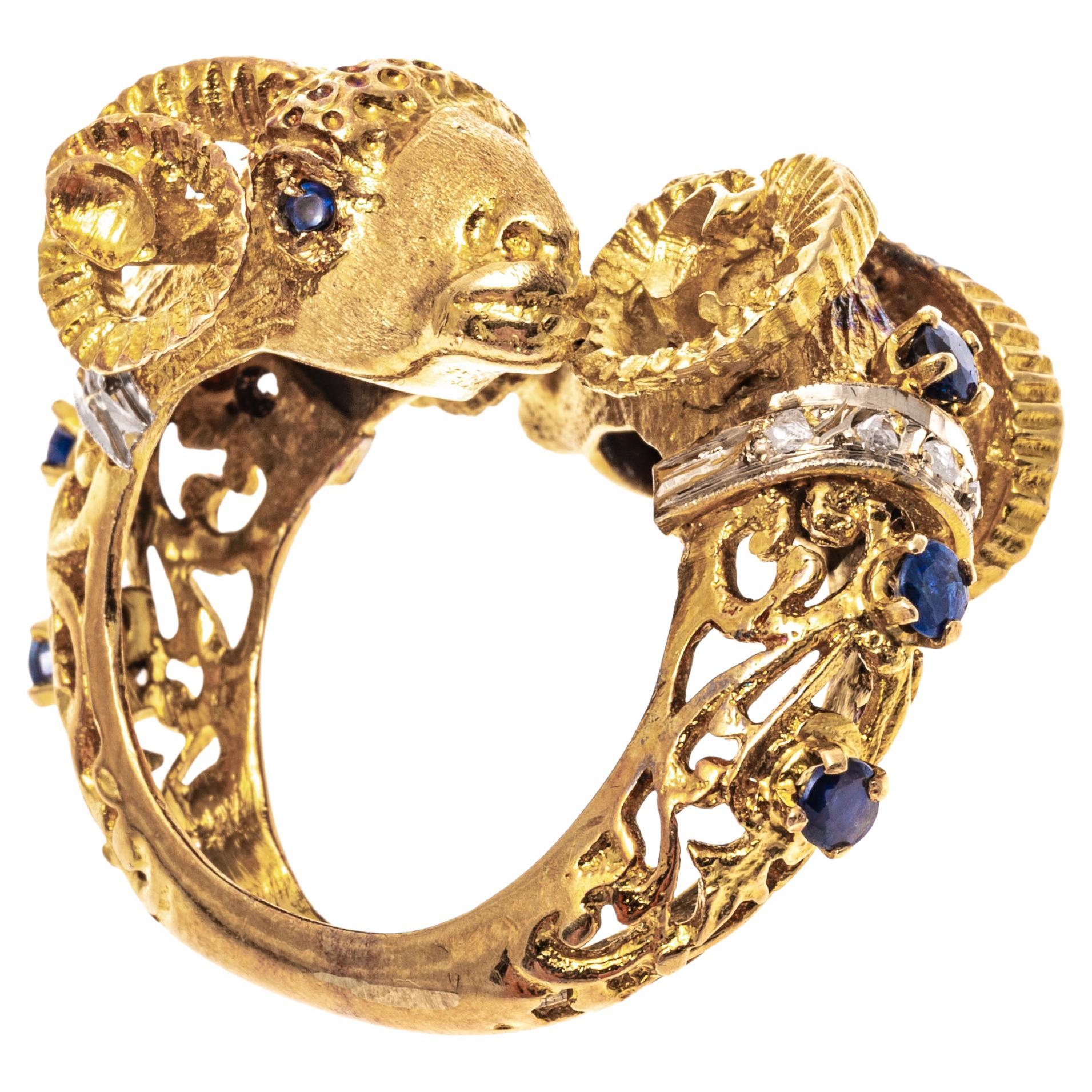 18k Gold Sapphire and Macle Diamond Opposing Bighorn Sheep Ring For Sale
