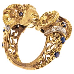 Vintage 18k Gold Sapphire and Macle Diamond Opposing Bighorn Sheep Ring