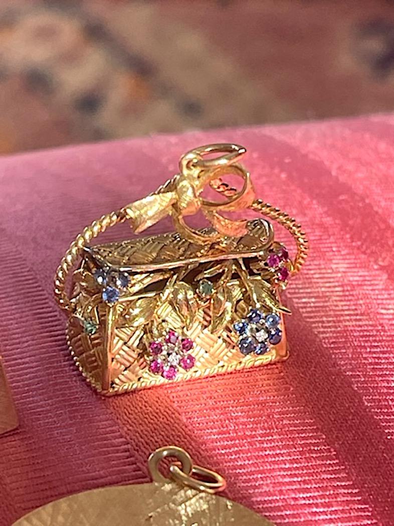 18k Gold Sapphire, Diamond and Emerald Flower Basket Charm Pendant For Sale 5