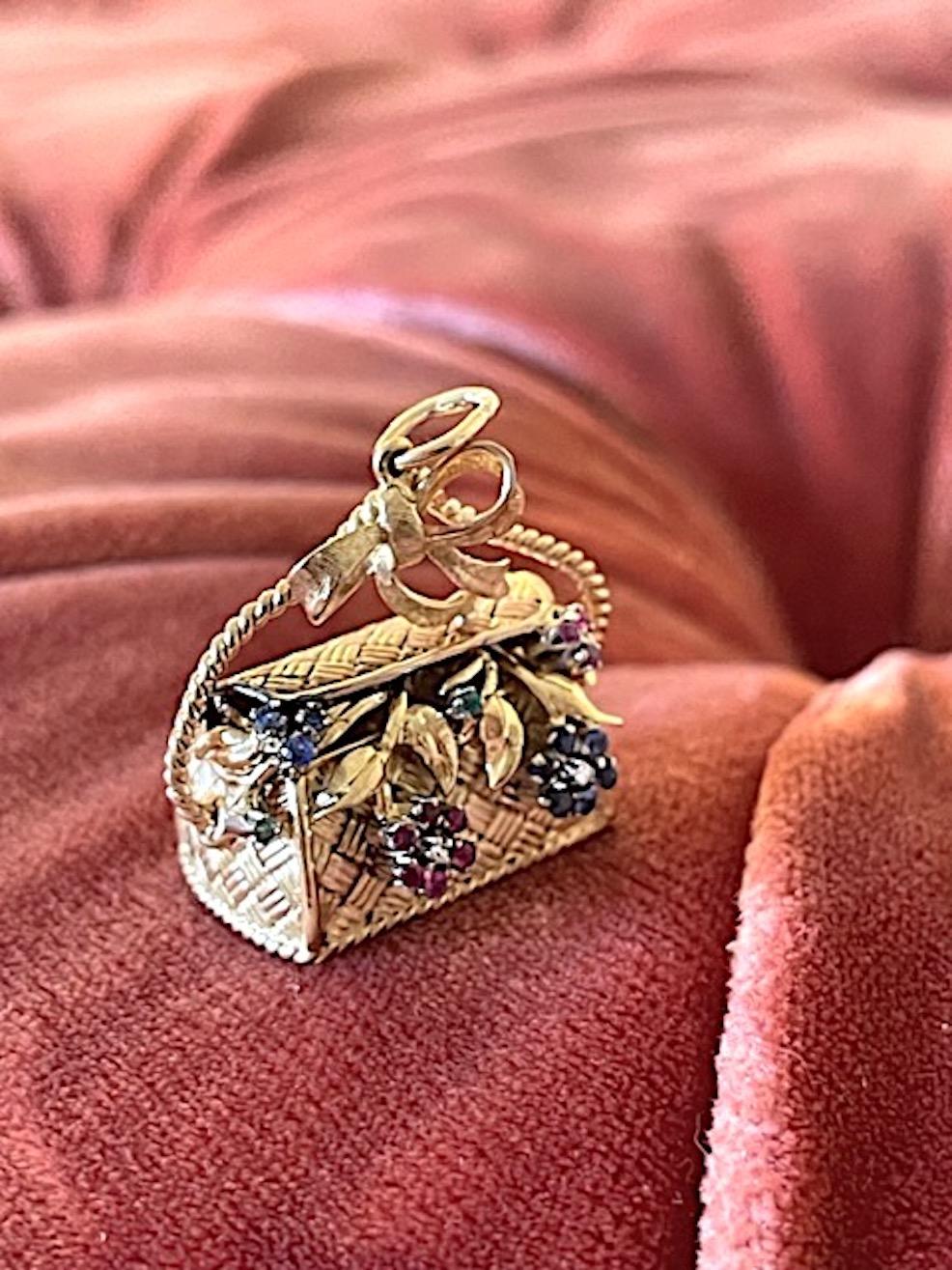 Round Cut 18k Gold Sapphire, Diamond and Emerald Flower Basket Charm Pendant For Sale