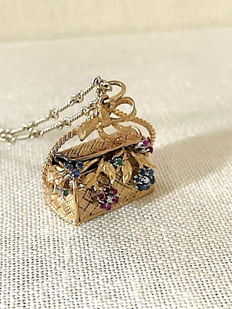 18k Gold Sapphire, Diamond and Emerald Flower Basket Charm Pendant For Sale 2