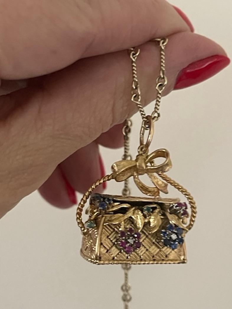 18k Gold Sapphire, Diamond and Emerald Flower Basket Charm Pendant For Sale 3