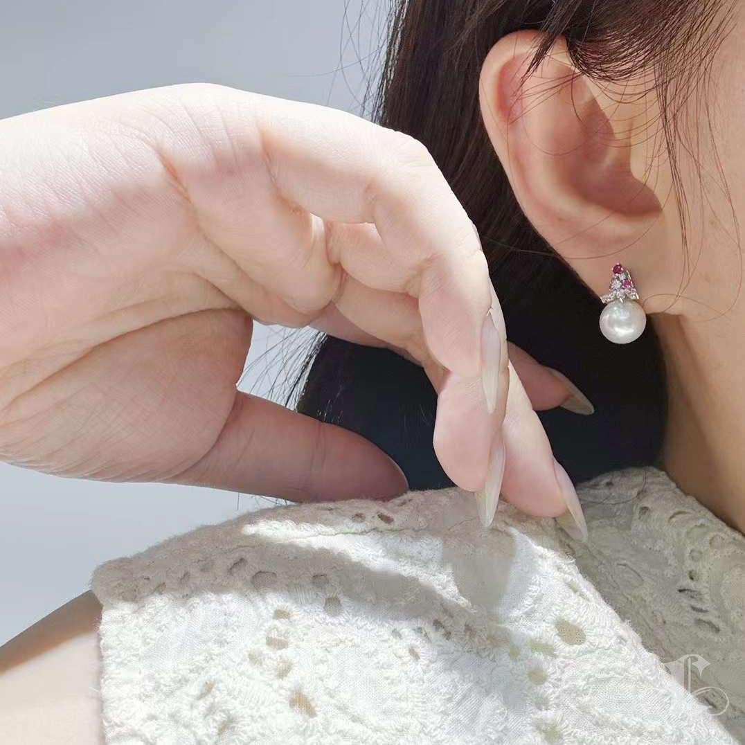 Uncut 【Crown Radiance】Blooming Aurora Akoya Pearl Ruby & Diamond Earrings For Sale